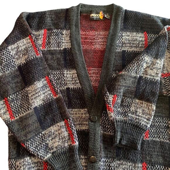 Vintage Plaid Cardigan Large Jacquard Knit VNeck 80s Sasson - Picture 5 of 15